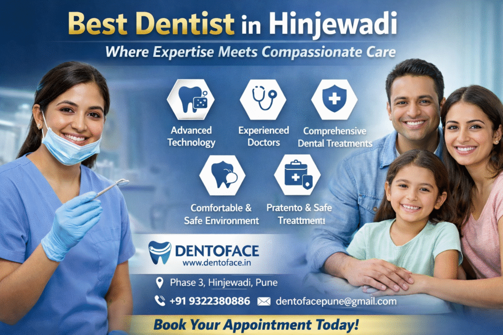 Best Dentist in Hinjewadi promotional banner for Dentoface with smiling dentist and happy family