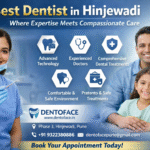 Best Dentist in Hinjewadi promotional banner for Dentoface with smiling dentist and happy family