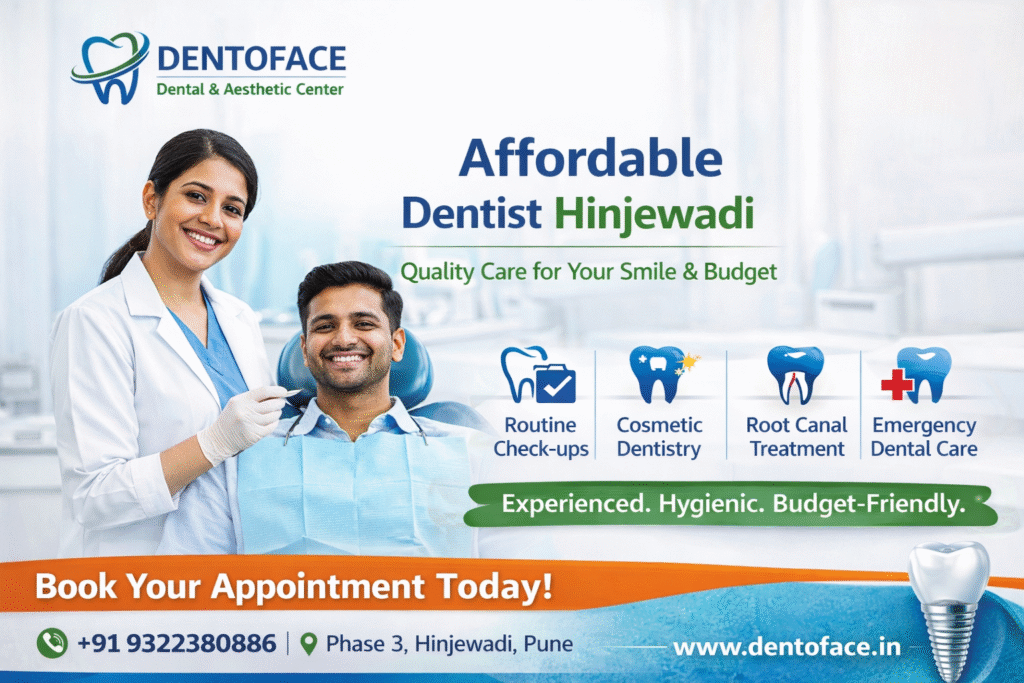 Male patient smiling during dental check-up with female dentist at Dentoface Dental & Aesthetic Center, promoting affordable dentist services in Hinjewadi Pune.