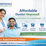 Male patient smiling during dental check-up with female dentist at Dentoface Dental & Aesthetic Center, promoting affordable dentist services in Hinjewadi Pune.