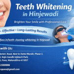 Teeth whitening in Hinjewadi at DentoFace dental clinic showing professional laser whitening procedure and bright smile results with contact details.