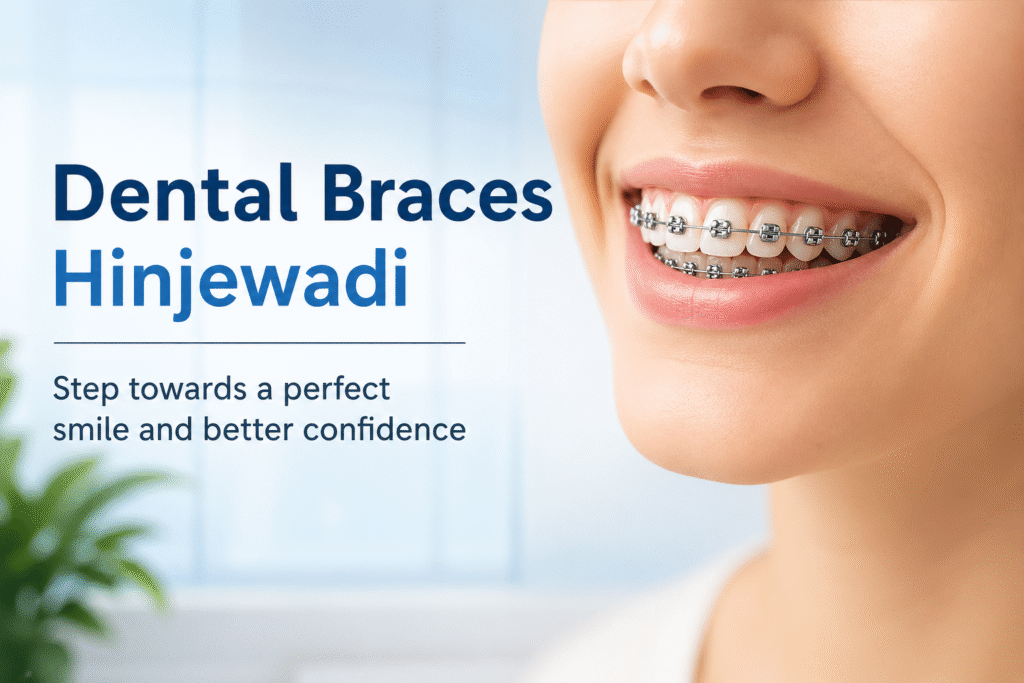 Close-up of a smiling person with dental braces showing aligned teeth in Hinjewadi