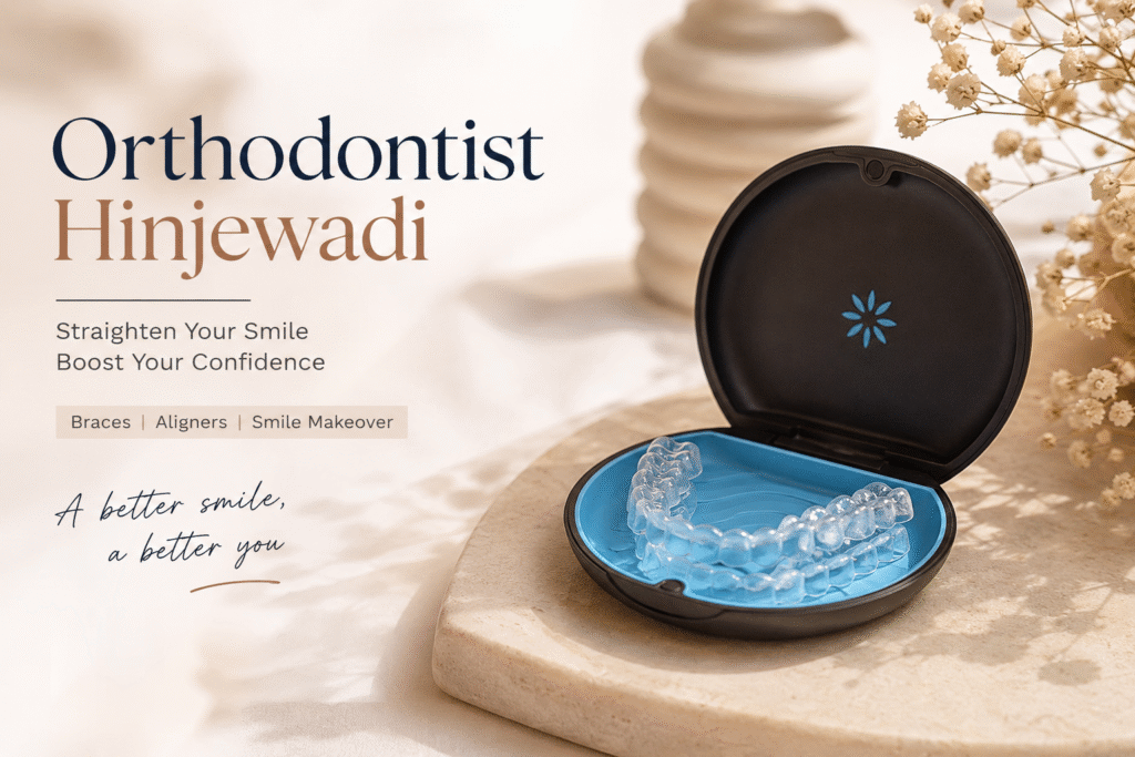 Aesthetic orthodontic treatment setup with clear dental aligners in a modern aligner case for smile correction in Hinjewadi.