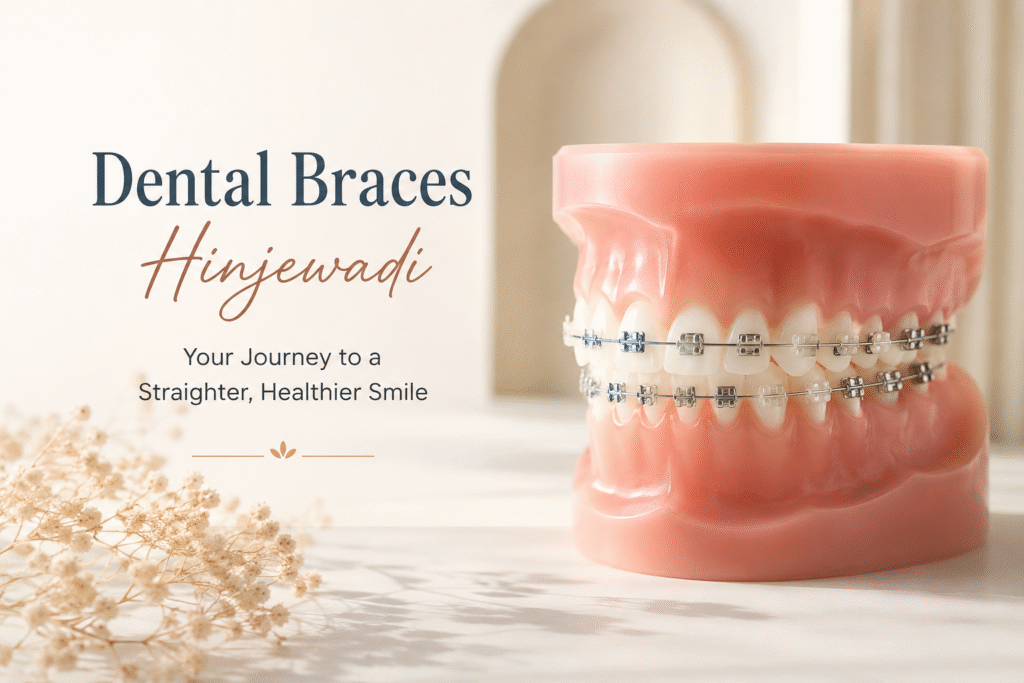 Aesthetic dental braces image featuring a close-up orthodontic model with aligned teeth and braces in a soft, clean background.