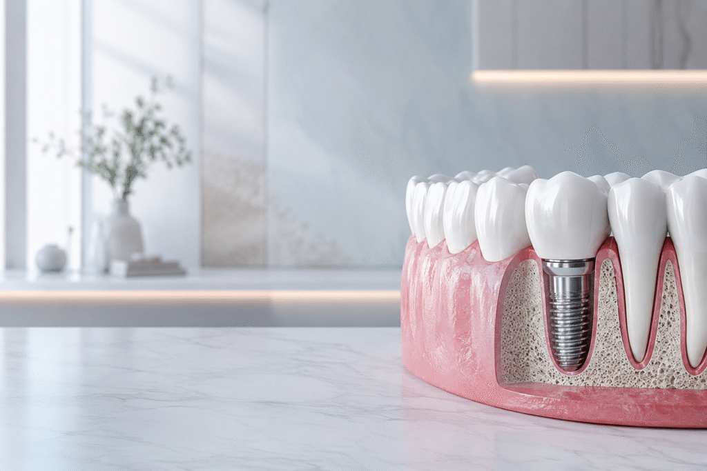 D dental implant model showing a titanium implant integrated into the jawbone, representing a permanent solution for missing teeth in Hinjewadi.