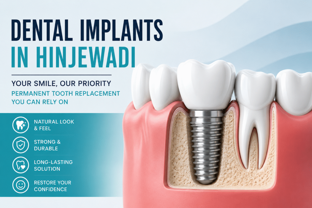 3D illustration of a dental implant replacing a missing tooth, showcasing a natural-looking and durable permanent tooth replacement solution in Hinjewadi.