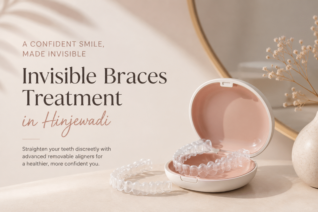 Invisible braces treatment in Hinjewadi featuring clear removable aligners displayed in a modern aesthetic setting with soft neutral tones.