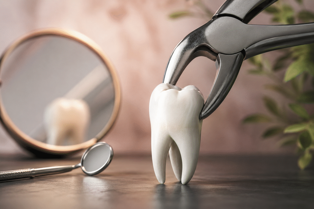 Close-up illustration of a healthy tooth being gently held with dental extraction forceps, representing modern tooth removal procedures in a clean clinical setting.