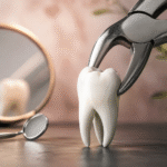 Close-up illustration of a healthy tooth being gently held with dental extraction forceps, representing modern tooth removal procedures in a clean clinical setting.