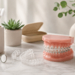 Aesthetic orthodontic setup featuring ceramic braces, clear aligners, and dental care accessories in a modern clinical setting.