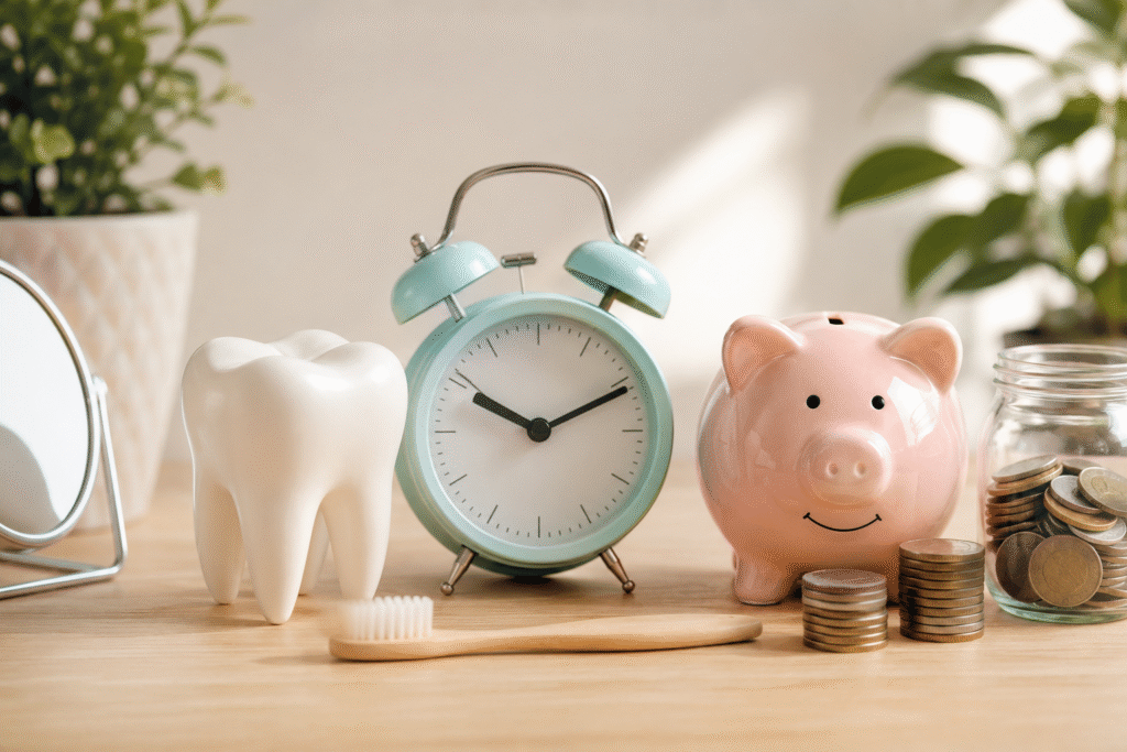 Minimalist dental wellness concept featuring a tooth model, alarm clock, piggy bank, toothbrush, and coins symbolizing how regular dental checkups save time and money.