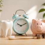 Minimalist dental wellness concept featuring a tooth model, alarm clock, piggy bank, toothbrush, and coins symbolizing how regular dental checkups save time and money.