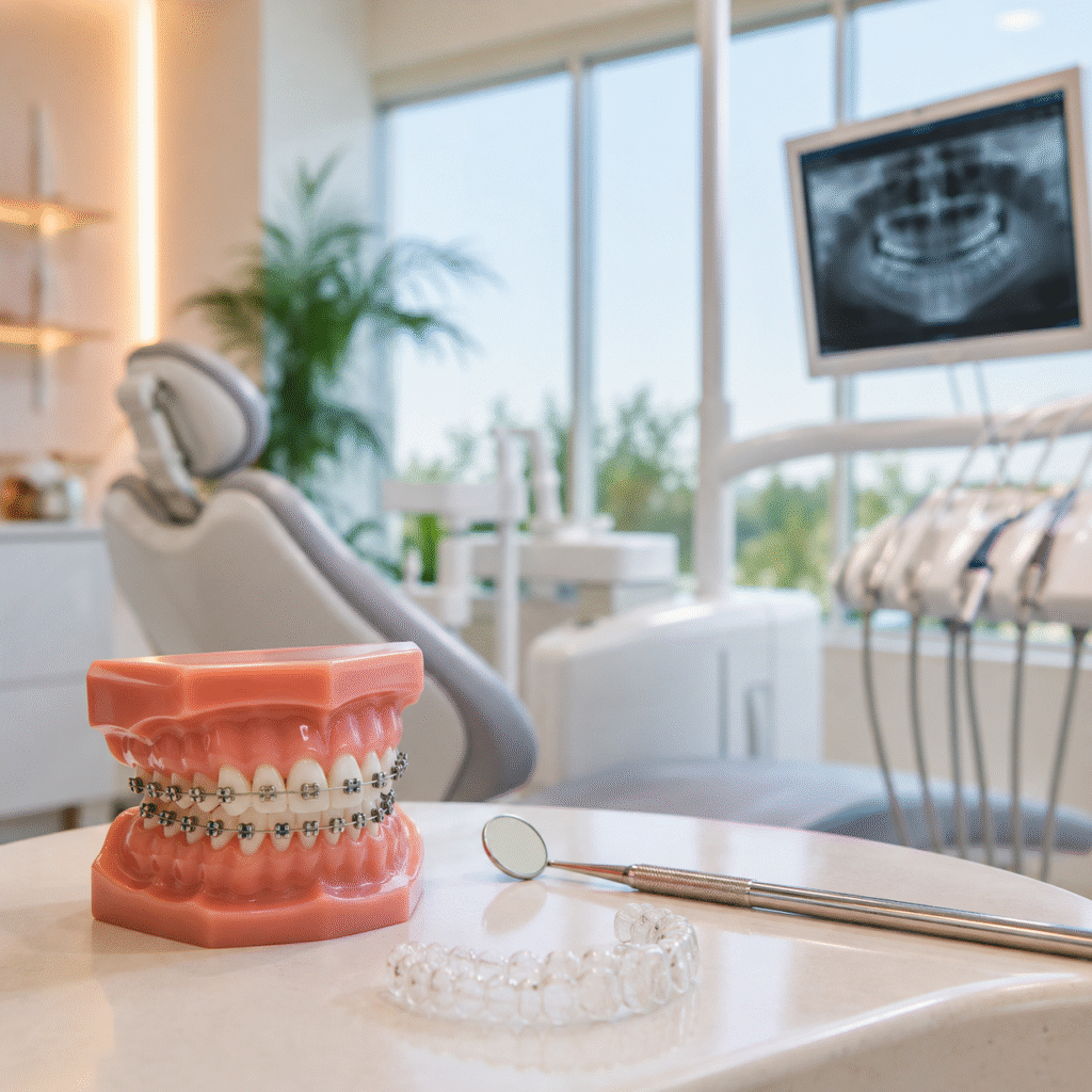 Modern orthodontic treatment setup in a clean dental clinic featuring braces and clear aligners with an aesthetic, professional environment.