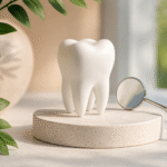 Aesthetic dental care concept with a white tooth model and dental mirror in a bright, natural setting