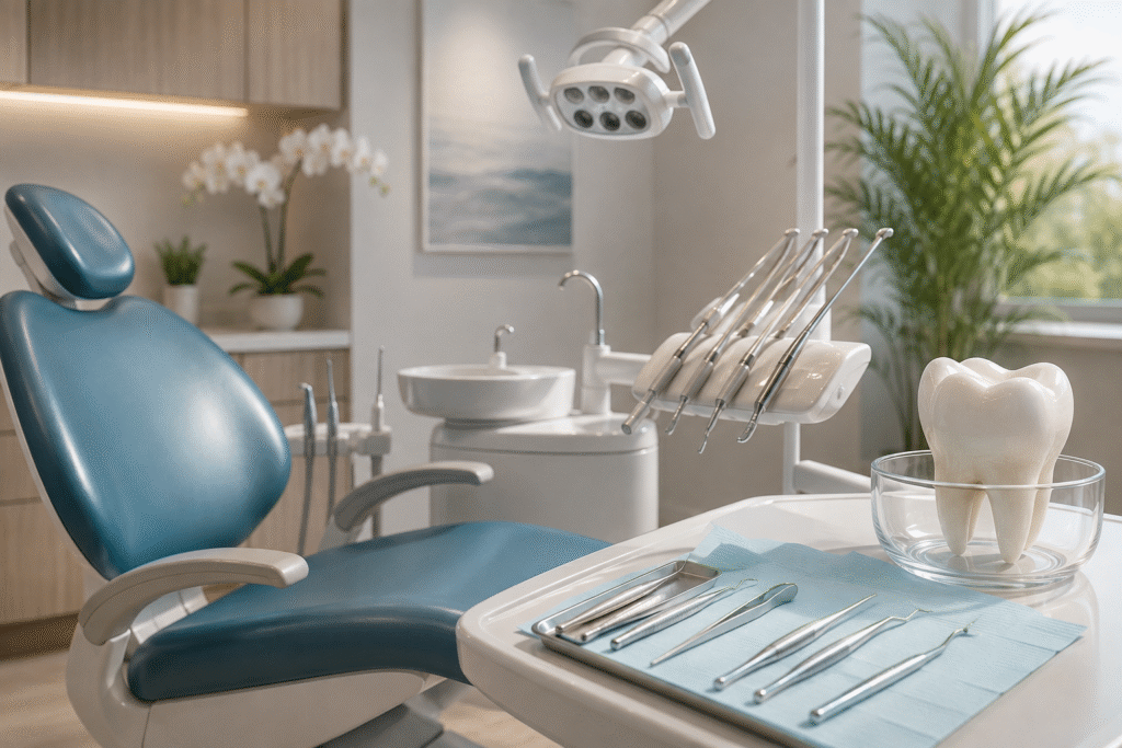 Modern dental clinic interior with dental chair, surgical instruments, and tooth model