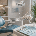 Modern dental clinic interior with dental chair, surgical instruments, and tooth model