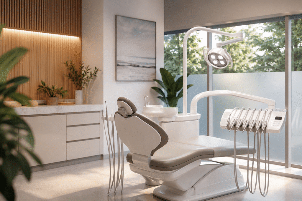 Modern aesthetic dental clinic interior in Hinjewadi with a clean treatment chair, advanced dental equipment, warm natural lighting, and a comfortable patient-friendly environment.