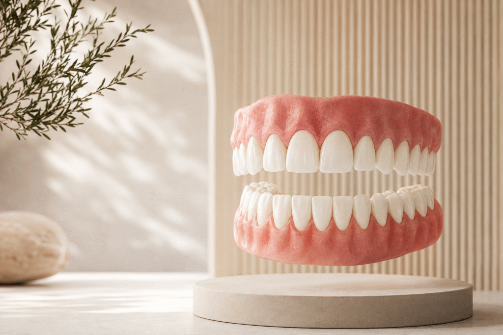 Aesthetic 3D illustration of a full mouth dental restoration model with natural-looking teeth displayed on a modern pedestal in a clean, minimalist clinical setting.