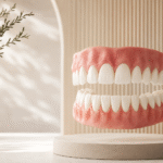 Aesthetic 3D illustration of a full mouth dental restoration model with natural-looking teeth displayed on a modern pedestal in a clean, minimalist clinical setting.